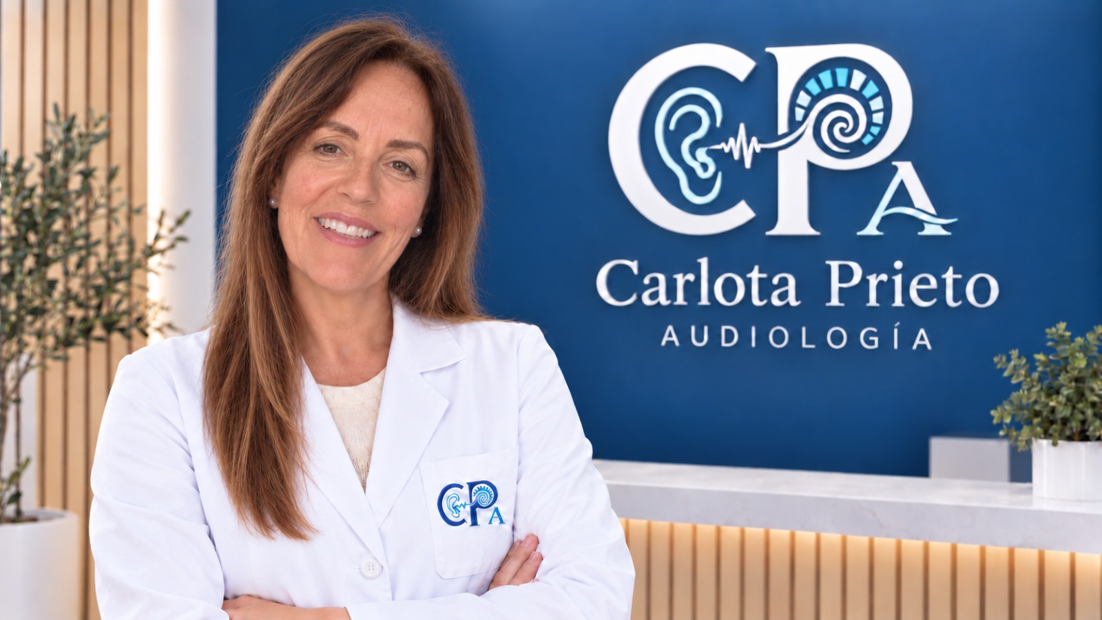 Carlota Prieto con bata blanca ante el logotipo de su gabinete de audiología